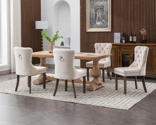 Miniatura 9 de KCC Nikki Collection - Juego de 4 sillas de comedor de terciopelo tapizadas de alta gama con anillo trasero de clavo, patas de madera maciza