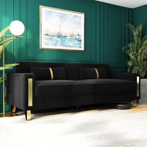 Miniatura 9 de Sofá cama modular de tela de terciopelo de 85.62 pulgadas, 3 asientos, fácil de montar con 2 almohadas de sofá, patas de metal dorado para sala