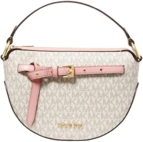 Michael Kors Emilia Half Moon Bolso de hombro mediano con logotipo cruzado en polvo de vainilla rubor, Rubor en polvo de vainilla