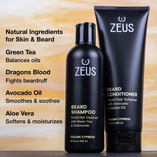 Miniatura 3 de ZEUS Set de lavado de barba para hombres, champú y acondicionador con té verde, manzanilla y aceites esenciales para hidratar, suavizar y fortalecer