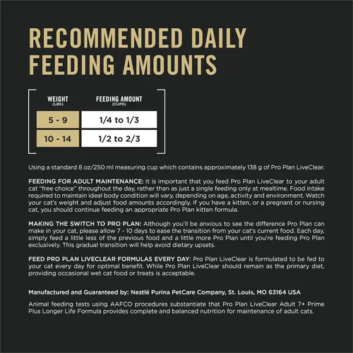 Miniatura 9 de Purina Pro Plan LiveClear Senior Cat Food 7+ Reductor de alérgenos para gatos Prime Plus Fórmula de pollo y arroz, bolsa de 3.2 libras