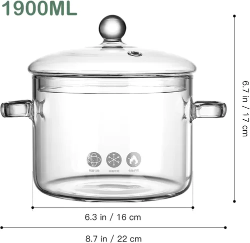 Miniatura 2 de GANAZONO Olla de cocina de vidrio con tapa, resistente al calor, olla de sopa de borosilicato de dos orejas, cuenco de fideos instantáneos de 8.26 x