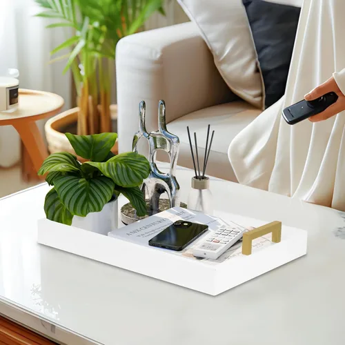 Miniatura 5 de MAONAME Bandeja de Servir de Madera con Asas, Bandeja Decorativa Blanca para Mesa de Café, Bandeja Rectangular Moderna, Bandeja Otomana de Madera