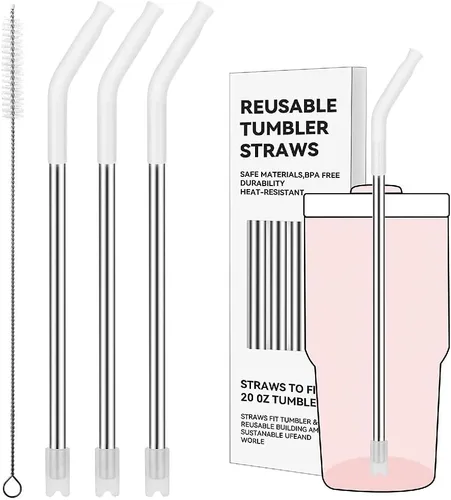 Miniatura 29 de Pajitas de metal rectas para vaso Stanley de 40 onzas, paquete de 3 popotes reutilizables de acero inoxidable con puntas de silicona y cepillo Gris