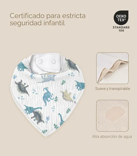 Miniatura 5 de Baberos de muselina para bebé 8 unidades, Babero tipo bandana para babeo y dentición, Algodón suave y absorbente para niñas y niños BC Un dinosaurio