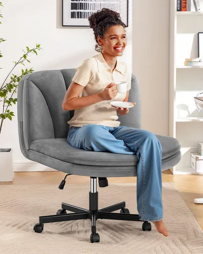 Miniatura 9 de FelixKing Silla Criss Cross con Ruedas, Silla de Oficina con Patas Cruzadas, Silla de Tocador de Escritorio Ancha sin Brazos con 2 Capas de Negro