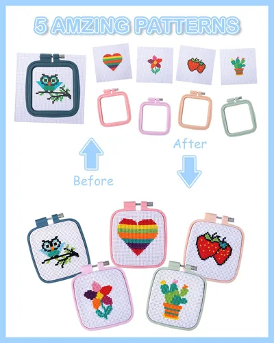 Miniatura 3 de Pllieay 5 kits de punto de cruz para principiantes para niños de 7 a 13 años, incluye 5 proyectos estampados y 5 aros de bordado cuadrados, 11