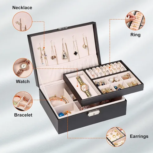 Miniatura 3 de YEEKEN Joyero organizador para mujeres y niñas, 2 capas grandes con cerradura, regalo ideal de piel sintética con bandeja extraíble para collares