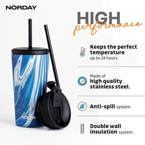 Miniatura 2 de NORDAY Vaso con tapa y popote - Bloom 20oz - Vaso aislado azul dorado - Vasos de acero inoxidable - Taza de café de viaje de doble pared - Dorado