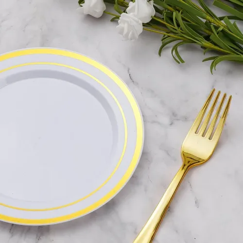 Miniatura 5 de Goodluck 120 platos de plástico dorados de postre de 7 pulgadas con tenedores de 7.4 pulgadas, platos dorados para aperitivos para 60 invitados