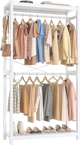 Miniatura 9 de Homykic Perchero de bambú para colgar ropa, perchero resistente con estantes ajustables de 7 niveles, varillas dobles, 4 ganchos, sistema de armario