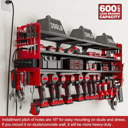Miniatura 7 de Soporte de taladro inalámbrico para 12 unidades, organizador grande de herramientas eléctricas, soporte de pared con tablero de clavijas lateral