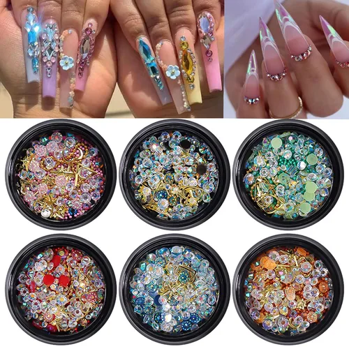 Miniatura 8 de RODAKY Juego de 6 cajas de diamantes de imitación para arte de uñas, varios tamaños, diamantes de imitación de cristal para diseño de uñas, gemas