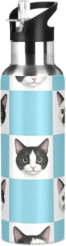 Miniatura 8 de Stainless Steel Vacuum Insulated Water Bottle 20 Oz, Leakproof Water Bottles for Gym Outdoor Travel School, Black White Cat Checkerboard