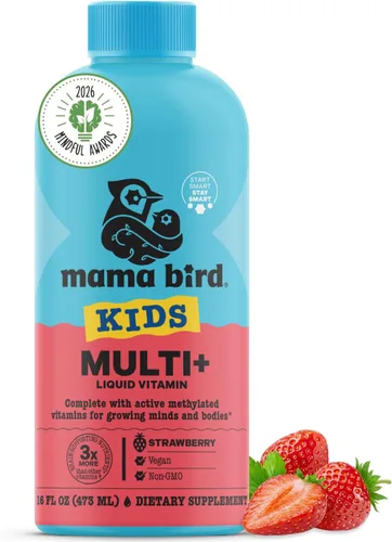 Mama Bird - Vitaminas líquidas multi+ galardonadas para niños (31 porciones) de fresa, vitaminas metiladas activas, multivitamínicos para niños,