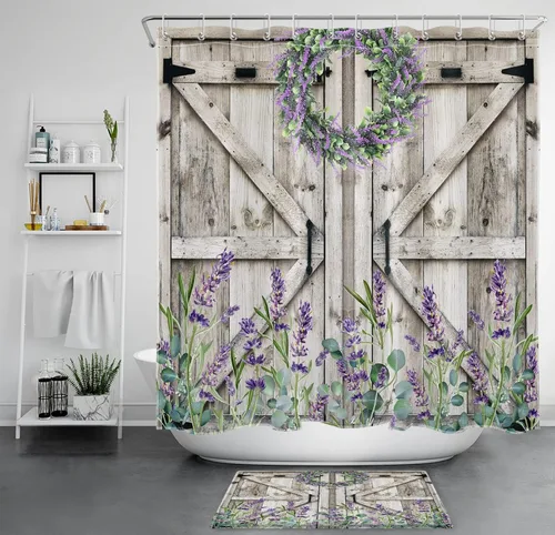 Miniatura 32 de Cortina de ducha con puerta de granero occidental para baño, lavanda púrpura y verde corona de eucalipto en tableros de madera rústica, cortina