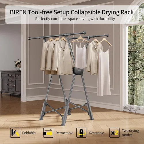 Miniatura 2 de BIREN Estante de secado de ropa resistente, estante plegable para ropa sucia, dos modos de secado, estantes para secar ropa, longitud ajustable