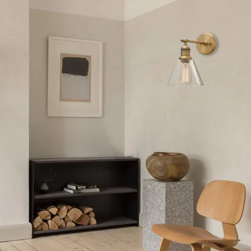 Miniatura 4 de Yosoan Lámpara de pared para interiores, 1 luz moderna de latón antiguo vintage, cableado industrial con embudo acampanado de vidrio transparente