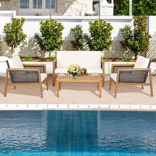 Miniatura 4 de COSTWAY Juego de muebles de mimbre para patio, sofá de mimbre para exteriores con marco de madera de acacia, mesa auxiliar y cojines