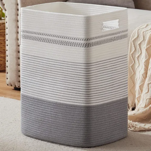 Miniatura 13 de Cesta de Ropa Sucia, Cesta de Lavandería Grande de Cuerda Tejida Alta con Asas, 22" X 17" X 13", Cesta de Almacenamiento Decorativa para Ropa