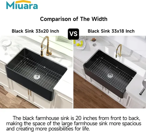 Miniatura 22 de Miuara Fregadero de Granja Negro de 33 Pulgadas - Fregadero de Cocina Grande de Frente con Delantal Tazón Individual 33"x18"x10", Instalación Bajo