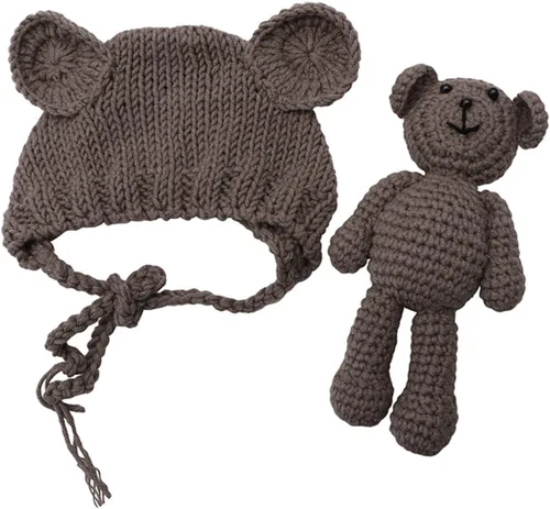 Miniatura 9 de Accesorios para fotografías de bebés recién nacidos, gorro de lana y muñecos de oso Gris