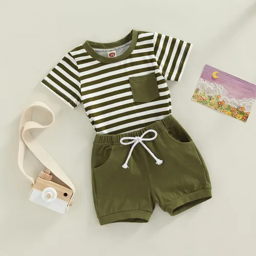 Miniatura 3 de Conjunto de ropa casual de manga corta con botones y pantalones cortos de lino para bebés y niños pequeños