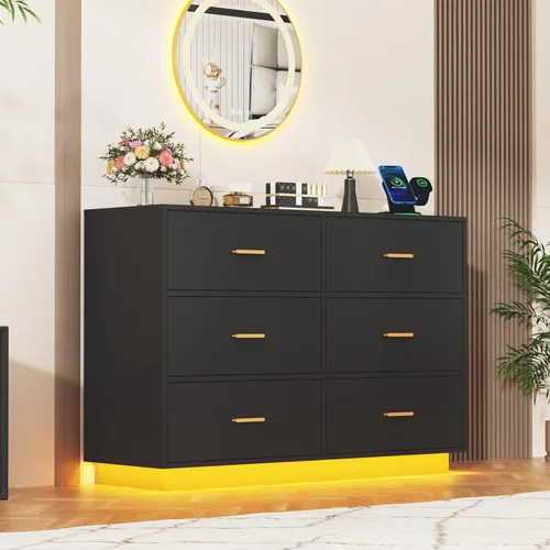 Cómoda de 6 cajones con tomas de corriente para dormitorio, cómodas de 59 pulgadas con luces de 6000 colores, organizador de almacenamiento de