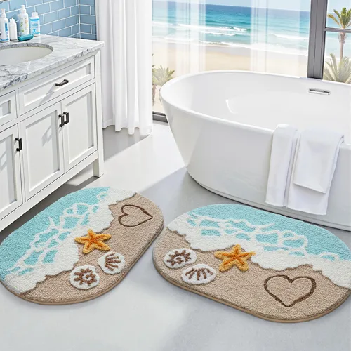 LUMI Juego de 2 alfombras de baño de playa, antideslizantes, ultra suaves, lavables, absorbentes, de secado rápido, alfombra de baño con tema de