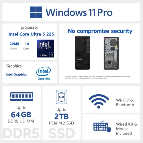 Miniatura 2 de Lenovo ThinkStation P2 Tower PC AI de escritorio, Intel Core Ultra 5 225, DDR5 de 16 GB, SSD de 512 GB, Wi-Fi 7, compatible con 3 pantallas 4K