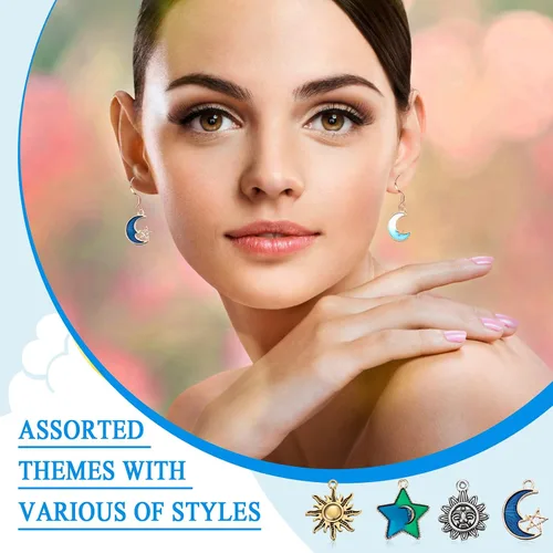 Miniatura 6 de Hicarer 160 piezas dijes para pulseras, dijes mixtos de sol, estrella y luna antiguos, dijes de esmalte plateado celestial para hacer joyas