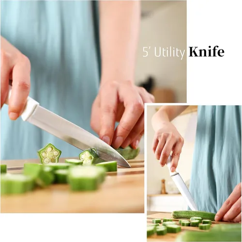 Miniatura 8 de Juego de cuchillos blancos con bloque, juego de 7 piezas de bloque de cuchillos pequeños con hoja de acero inoxidable, mango ergonómico, juego
