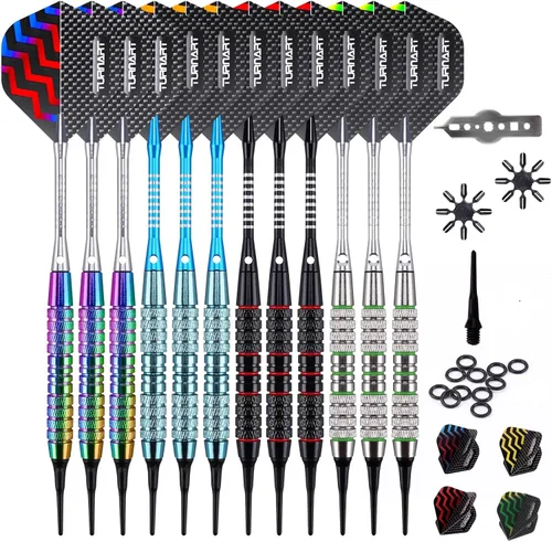 Turnart Juego de dardos con punta de plástico - Juego de dardos profesionales de punta suave para tablero electrónico de 12 piezas, 18 gramos con 50