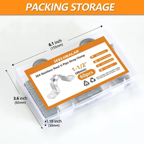 Miniatura 6 de Paquete de 60 correas de tubo de acero inoxidable M40 (1-1/2 pulgadas), abrazaderas de soporte en U resistentes con 2 agujeros para fijación rígida