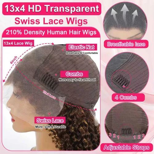 Miniatura 5 de ALSZIQIHR Peluca de Cabello Humano con Encaje Frontal Highlight Ombre de 13 x 4, Pre Plucked HD Transparente 4/27, Rubio Miel, Pelucas Frontales