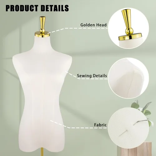 Miniatura 3 de Torso de maniquí femenino, 53-73 pulgadas de altura ajustable, maniquí para mujer con soporte de metal dorado, para coser y exhibir color beige