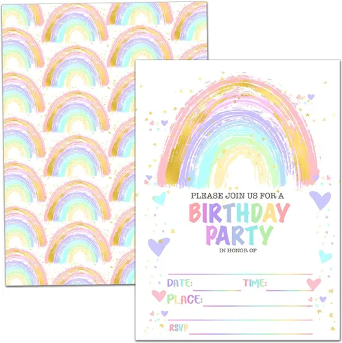 Tarjetas de invitación para fiesta de cumpleaños, invitación de fiesta de cumpleaños arcoíris, celebración de fiesta de niños, 20 tarjetas con 20