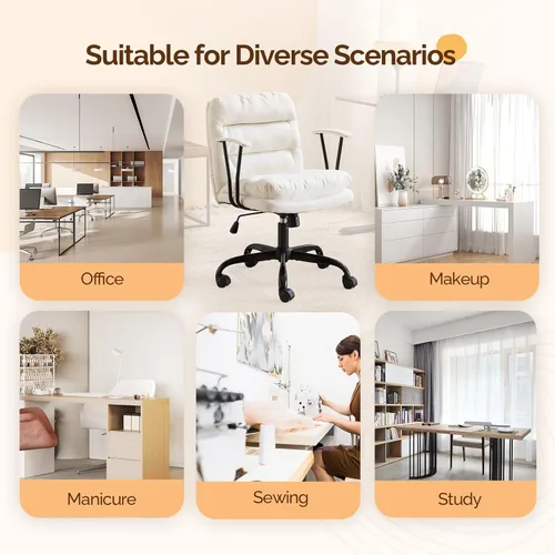 Miniatura 9 de VINGLI Silla de escritorio acolchada blanca con/sin ruedas, base doble, reposabrazos removibles, silla giratoria ajustable y cómoda para Blanco