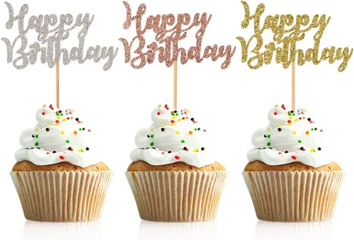 Miniatura 5 de 48 piezas de decoración para cupcakes de feliz cumpleaños, color negro, con purpurina, suministros de decoración de fiesta de cumpleaños
