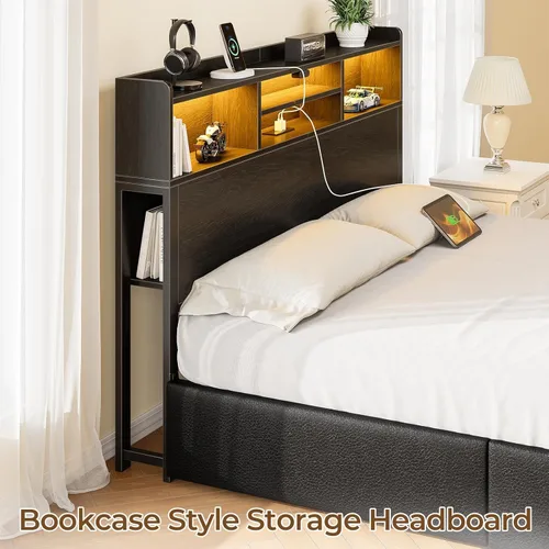 Miniatura 5 de Rolanstar Base de cama matrimonial con almacenamiento, plataforma de 4 cajones con estación de carga USB, luces LED integradas y cabecero