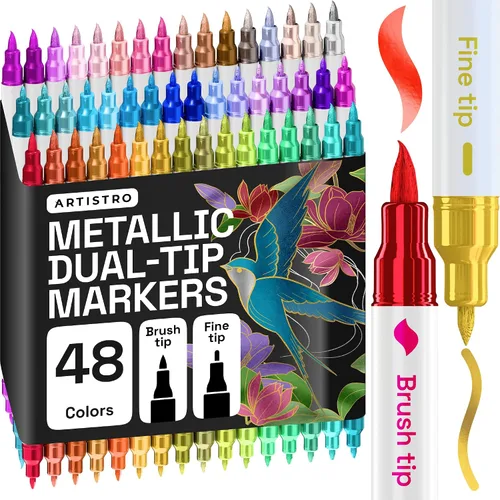 Miniatura 10 de ARTISTRO 5 marcadores de pintura acrílica negra, bolígrafos de pintura de doble punta + pincel fino ideal para caligrafía, perfectos para tela