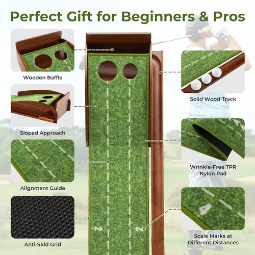 Miniatura 3 de Alfombrilla de golf para interiores con putter y 5 bolas, juego de devolución automática de bolas, terciopelo mate para el hogar, oficina, patio