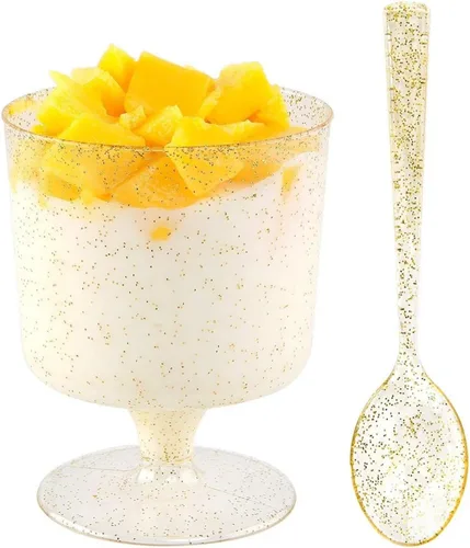 Miniatura 7 de WDF Paquete de 48 tazas de postre de plástico con purpurina dorada de 7 onzas con cucharas, 48 vasos de plástico desechables para helado y 48 Oro