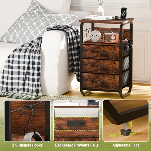 Miniatura 8 de runjuly Mesita de noche con luz, mesa auxiliar LED con cajones y estación de carga con puerto tipo C, pequeña mesa de noche con ganchos, cómoda
