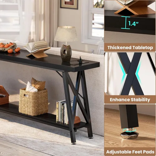 Miniatura 6 de Homieasy Mesa consola extra larga de 70.9 pulgadas, mesa de sofá industrial detrás del sofá con estación de carga y estante de almacenamiento, mesa