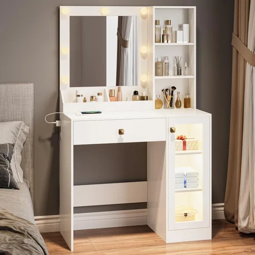 Miniatura 9 de Wodeer Pequeño escritorio de maquillaje con espejo y luces, tocador con armario de cristal, luces LED y toma de corriente, cajón y gabinetes
