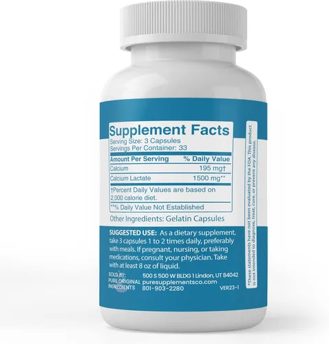 Miniatura 3 de Pure Original Ingredients Lactato de calcio, (100 cápsulas) siempre puro, sin aditivos ni rellenos, verificado por laboratorio