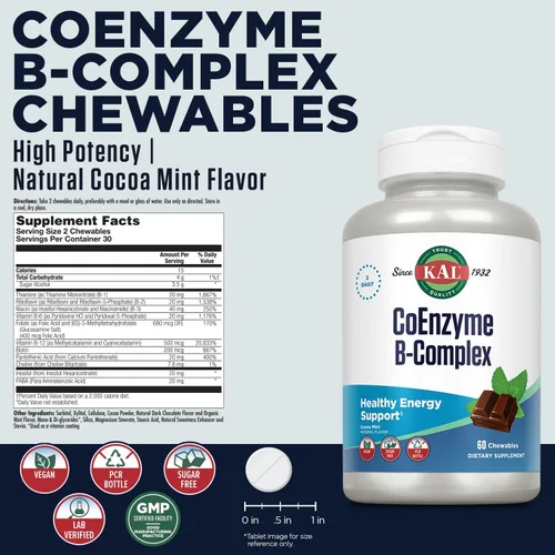 Miniatura 2 de KAL CoEnzyme Complejo de vitamina B, vitaminas B masticables para energía saludable, glóbulos rojos y soporte de la función nerviosa con vitamina