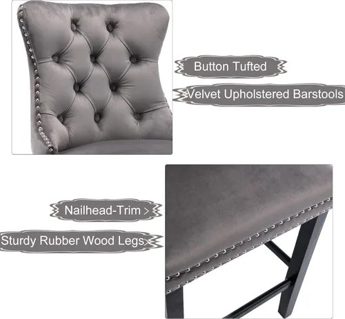Miniatura 5 de Aoowow Juego de 2 taburetes de bar tapizados de terciopelo con altura de mostrador, altura del asiento de 26.3 pulgadas, sillas de bar sin brazos