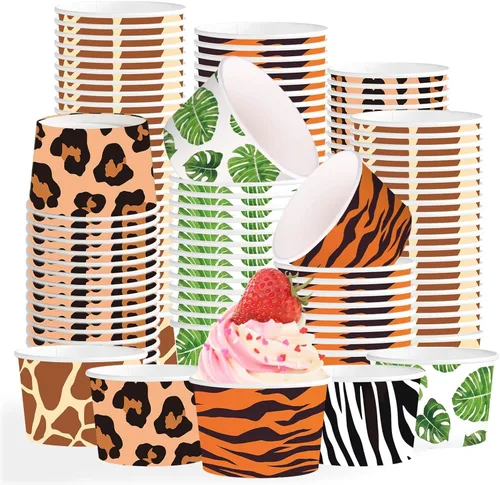 120 tazas desechables de 12 onzas de helado de animales de safari en la selva, leopardo, tigre, cebra, jirafa, papel con estampado de jirafa,